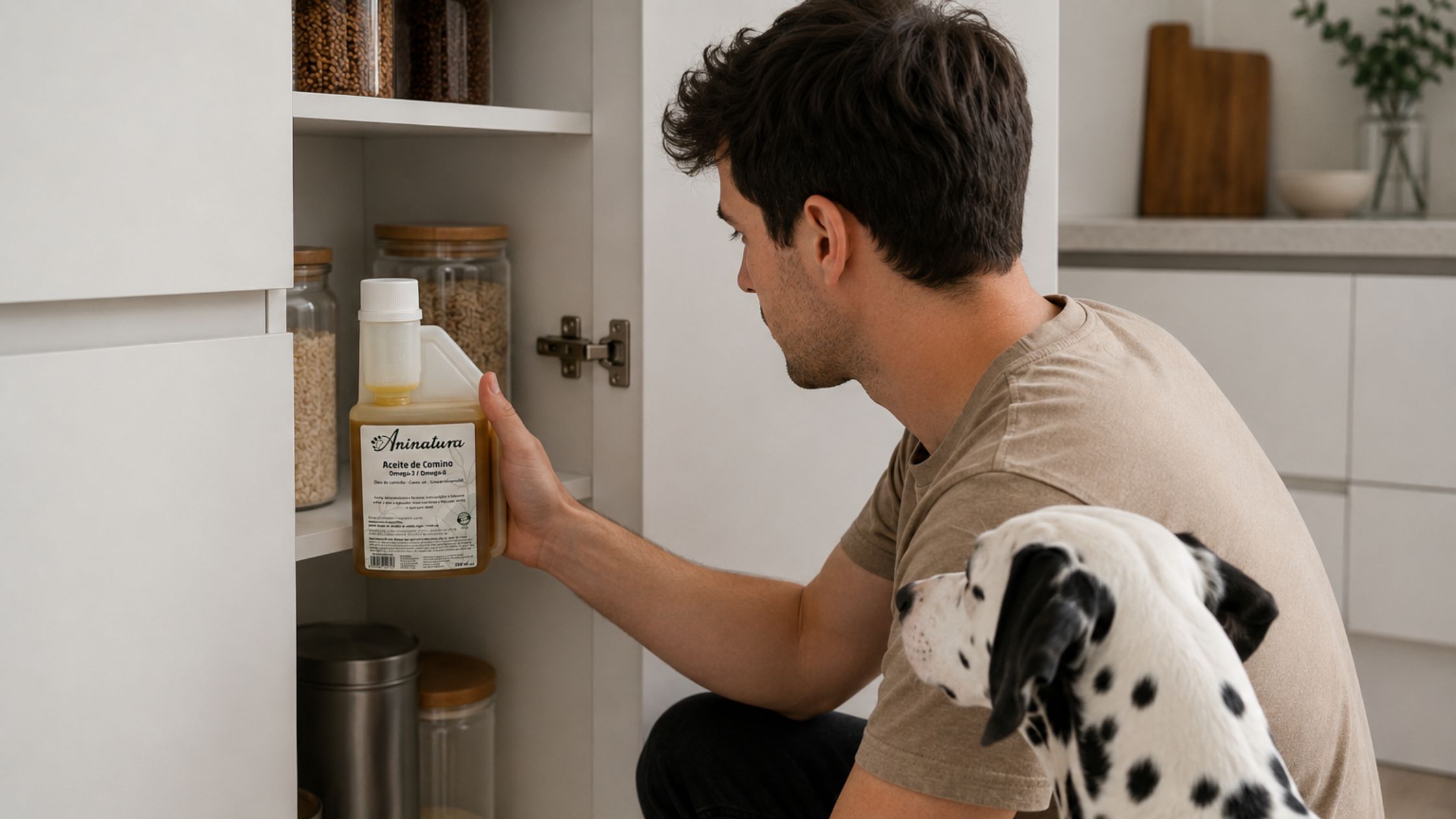 perro esperando el aceite de comino negro