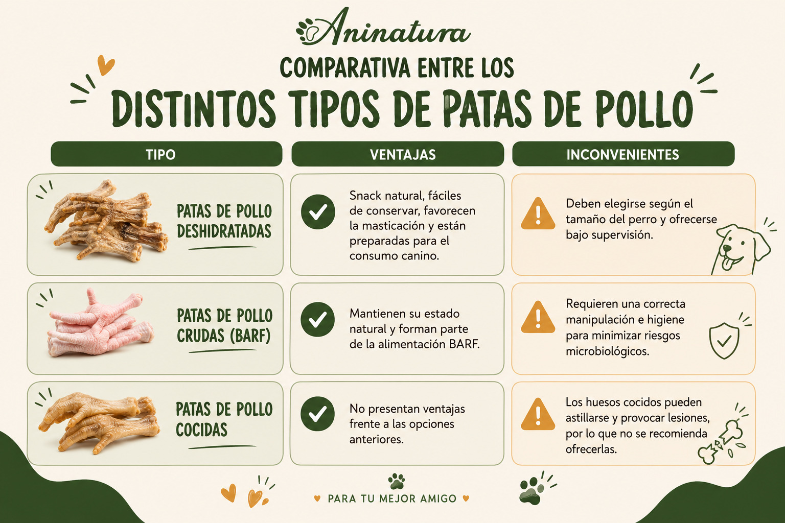Tabla comparativa de los distintos tipos de patas de pollo para perros